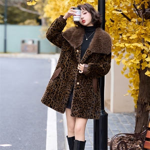 冬季气质女神美拉德豹纹进口金貂仿貂拼皮中长款高档仿皮草大衣潮图片