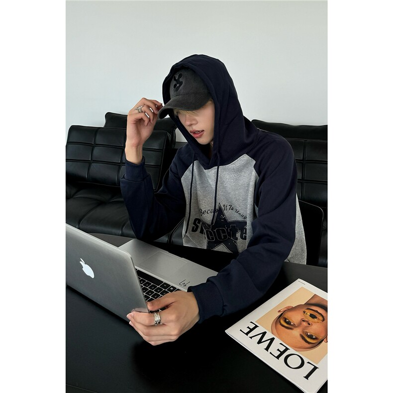 2024秋冬新款潮ins连帽套头印花卫衣外套A04-P45藏青，男装卫衣，电商C310