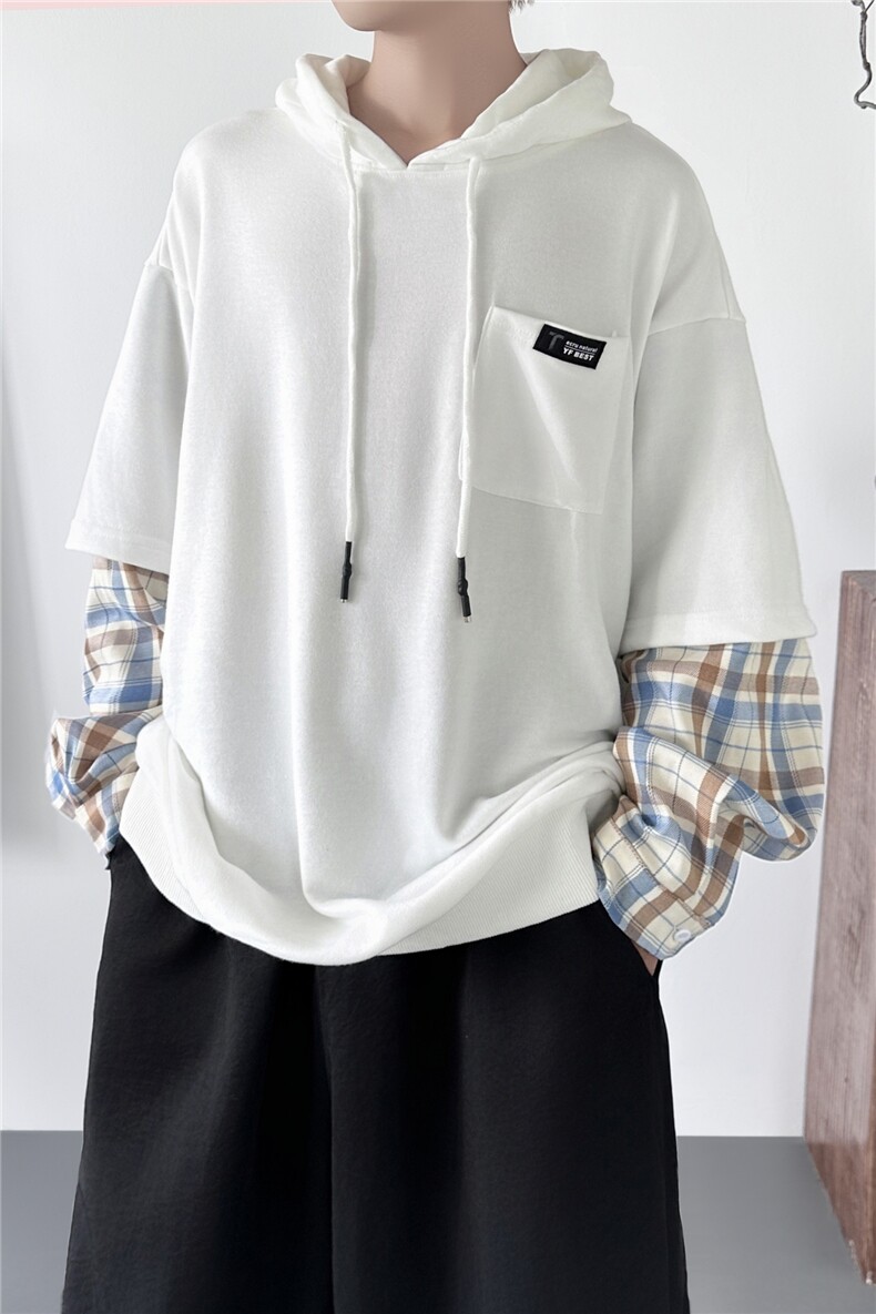 现货连帽卫衣男潮牌ins假两件拼接格子慵懒风Y8212-P68,男装卫衣,星座1017