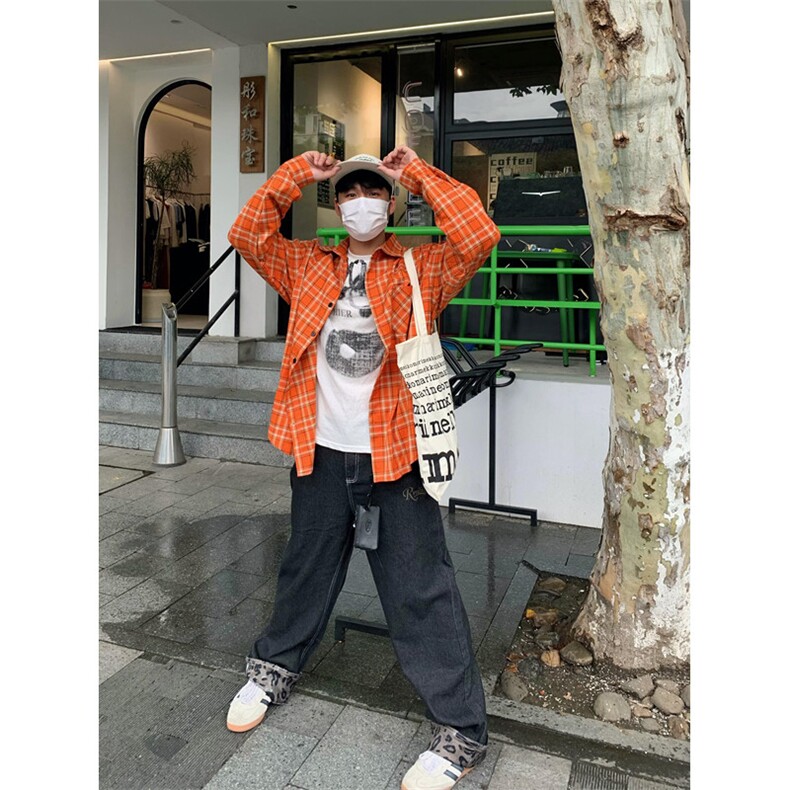 秋新款美式辣妹橘红格子色慵懒风防晒长袖衬衫衬衣C2234,男装衬衫,星座1116A（原606A-3）