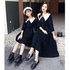 2021春秋季新款拼色长款亲子连衣裙蛋糕裙中长款复古长袖女，女装连衣裙，安之芮娜