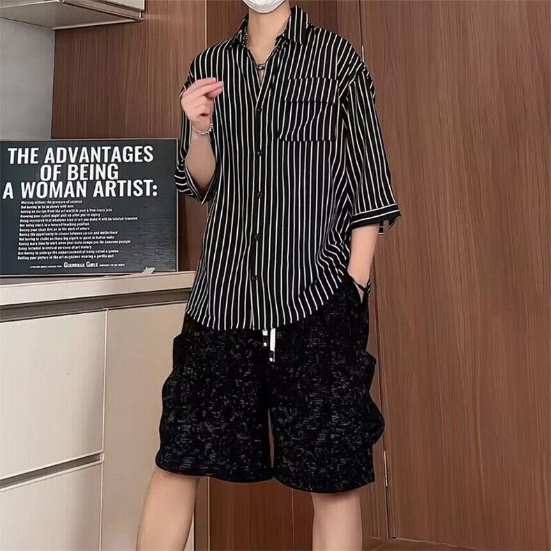 TZ01/P67衬衣裤套装短袖衬衫清凉条纹冰丝衬衣男短裤两件套控138图片