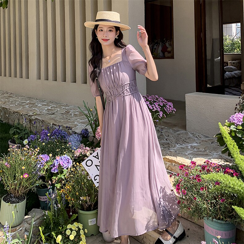紫色方领收腰显瘦连衣裙女2023夏季新款法式轻熟风高级感气质长裙,女装连衣裙,2C037