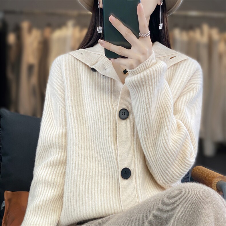2025年夏季宽松型常规开衫单件长袖单排扣翻领落肩袖百搭,女装羊毛衫,春贝羊绒