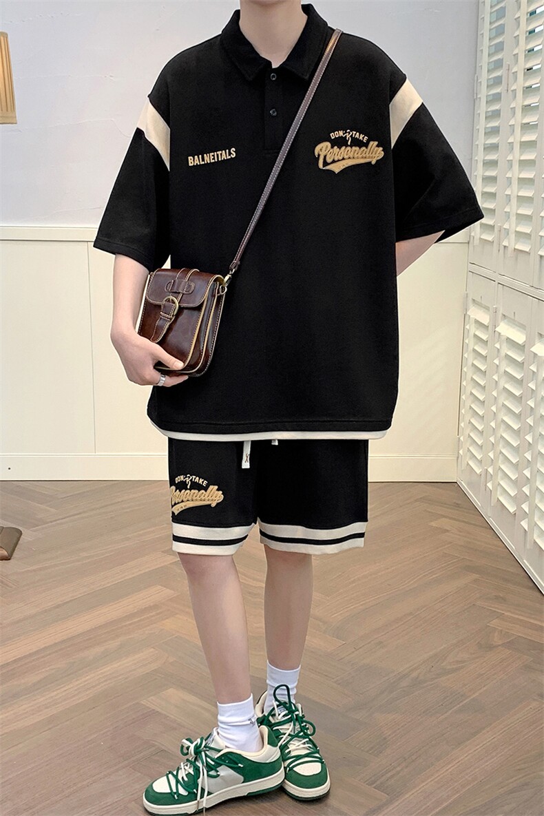 夏款青少年拼接潮牌半袖套装简约印花Polo衫男女6621-P75控价108,男装Polo衫,电商A441-1
