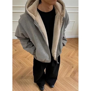 座山雕连帽加绒外套男女秋冬季美式高级感PU皮夹克棉服 MH913图片