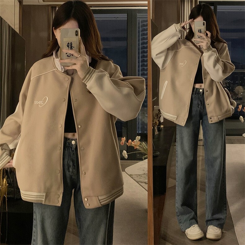 C893-P110潮牌情侣美式小logo拼色嵌条棒球服宽松夹克外套图片