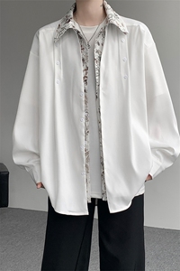 潮流休闲花卉印花领翻领假两件休闲长袖衬衫上衣男潮特P52图片