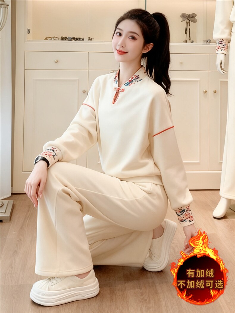 女秋款新款立领刺绣民族风卫衣套装时尚气质长袖上衣阔腿裤两件套,女装套装/套裙,江南