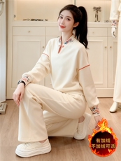 女秋款新款立领刺绣民族风卫衣套装时尚气质长袖上衣阔腿裤两件套，女装套装/套裙，江南