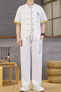 风夏季两件套男士冰丝宽松短袖套装民族男装汉服图片