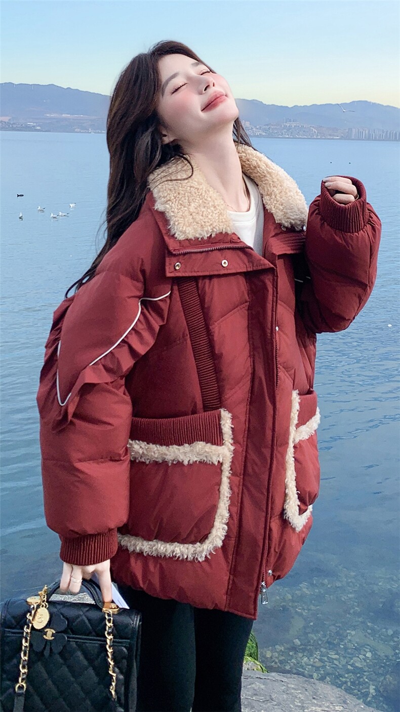 现货主推羊羔毛拼接红色休闲羽绒服5832-P305-K458,女装羽绒服,2C230
