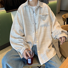 港风秋款男夹克休闲加厚衬衫条纹拼色铁链装饰休闲外套JK97P65，男装夹克，星座1013-1