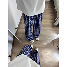 美式高街潮牌男女泡泡格子休闲裤直筒宽松慵懒显瘦阔腿休闲长裤子，男装休闲裤，电商A486