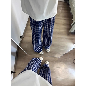 美式高街潮牌男女泡泡格子休闲裤直筒宽松慵懒显瘦阔腿休闲长裤子图片