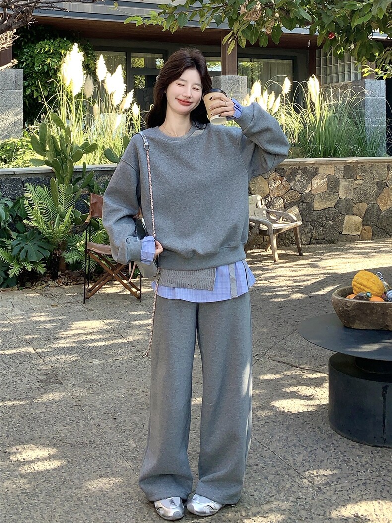 韩系慵懒休闲风格纹拼接卫衣套装女2026春季阔腿裤时尚减龄两件套,女装套装/套裙,艾米莉亚