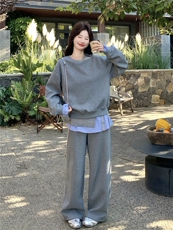 韩系慵懒休闲风格纹拼接卫衣套装女2026春季阔腿裤时尚减龄两件套，女装套装/套裙，艾米莉亚