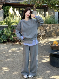 韩系慵懒休闲风格纹拼接卫衣套装女2026春季阔腿裤时尚减龄两件套图片