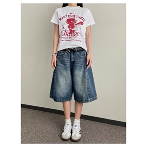 美式复古直筒五分牛仔裤男女款夏季透气宽松休闲阔腿裤DA239-P42图片