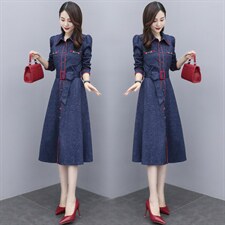 现货2024年秋季新款时尚大摆连衣裙气质淑女百搭拼接大码风衣,女装连衣裙,尚洛菲