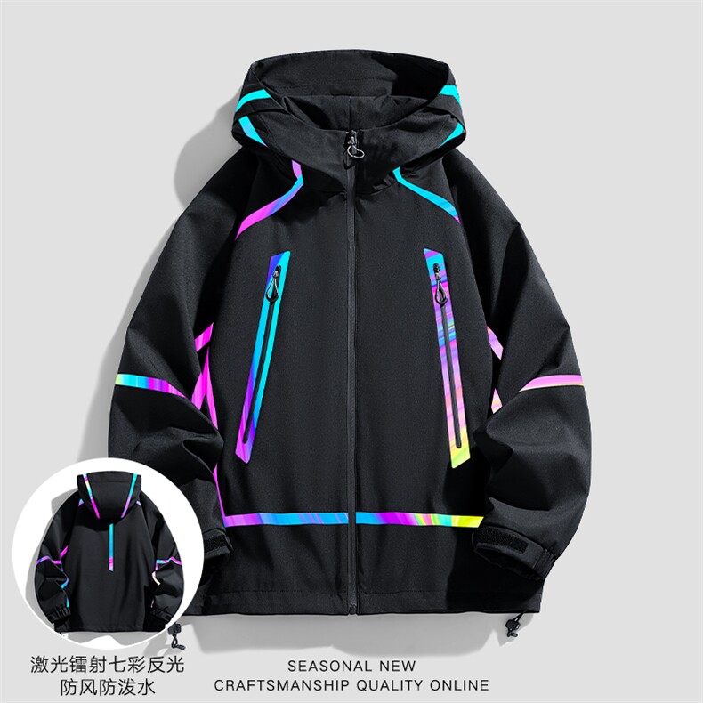 新款现货户外夹克男连帽烫金返光冲锋衣外套DSA157B-J2511-P65，男装夹克，电商A157B
