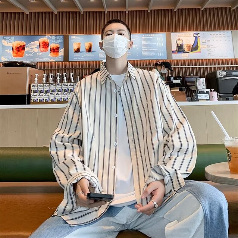 条纹长袖衬衫男夏季设计感高级痞帅衬衣港风ins雅痞日系复古外套,男装衬衫,星座601-2