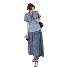 灰色气质减龄格纹拼接T恤半身裙套装两件套女夏学院风穿搭一整套，女装套装/套裙，2C135