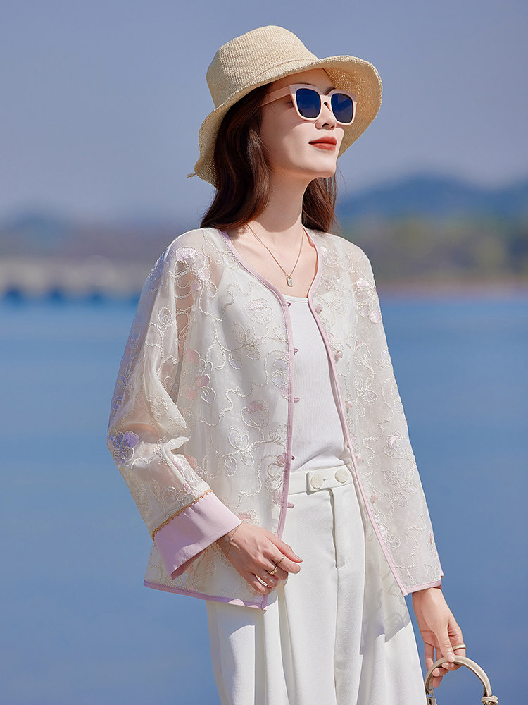 甜美小香风刺绣欧根纱薄外套女2025春夏新款气质百搭防晒开衫上衣,女装短外套,靓衣阁