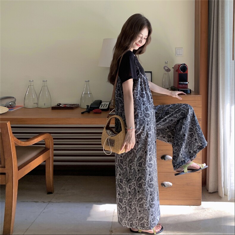 法式高级感甜美气质沙滩裤2025海边度假名族风印花阔腿裤T恤套装,女装套装/套裙,2C259