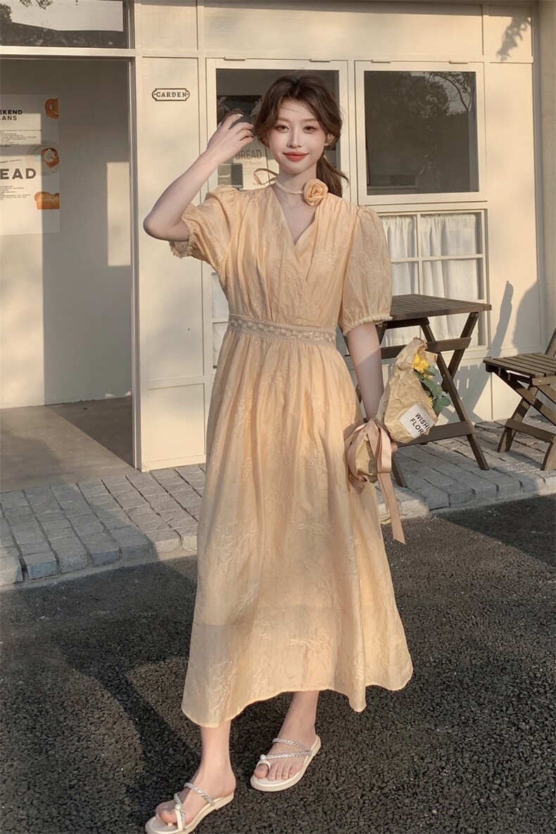 夏季新品！亮片刺绣花朵度假风连衣裙85113桔色-208A-P175-K270,女装连衣裙,浙宝208A