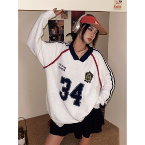 复古拼接V领针织衫女秋冬宽松休闲百搭高街美式毛衣 MY9228图片