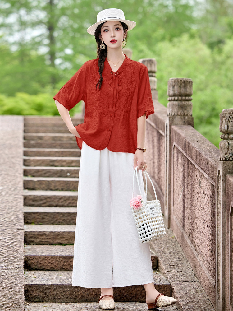 时尚洋气刺绣棉麻套装女2026夏季新款宽松遮肉显瘦阔腿裤两件套,女装套装/套裙,魅影