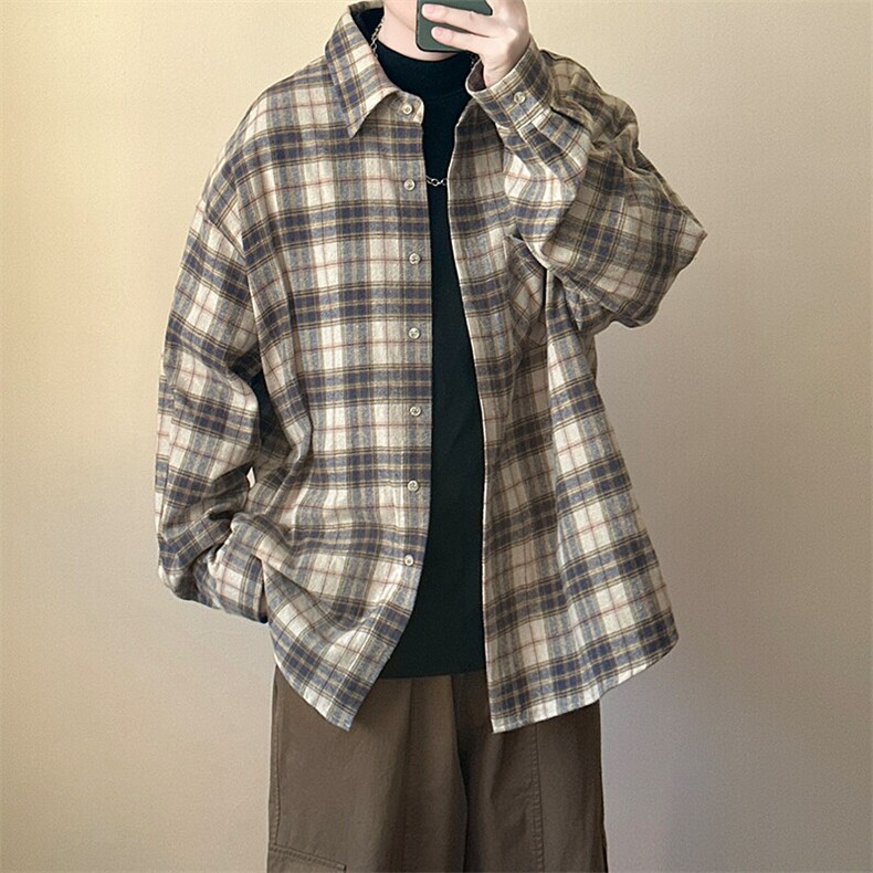 2025春宽松休闲格子长袖衬衣潮牌中性衬衫AC2308601-特批P50控89,男装衬衫,电商A351