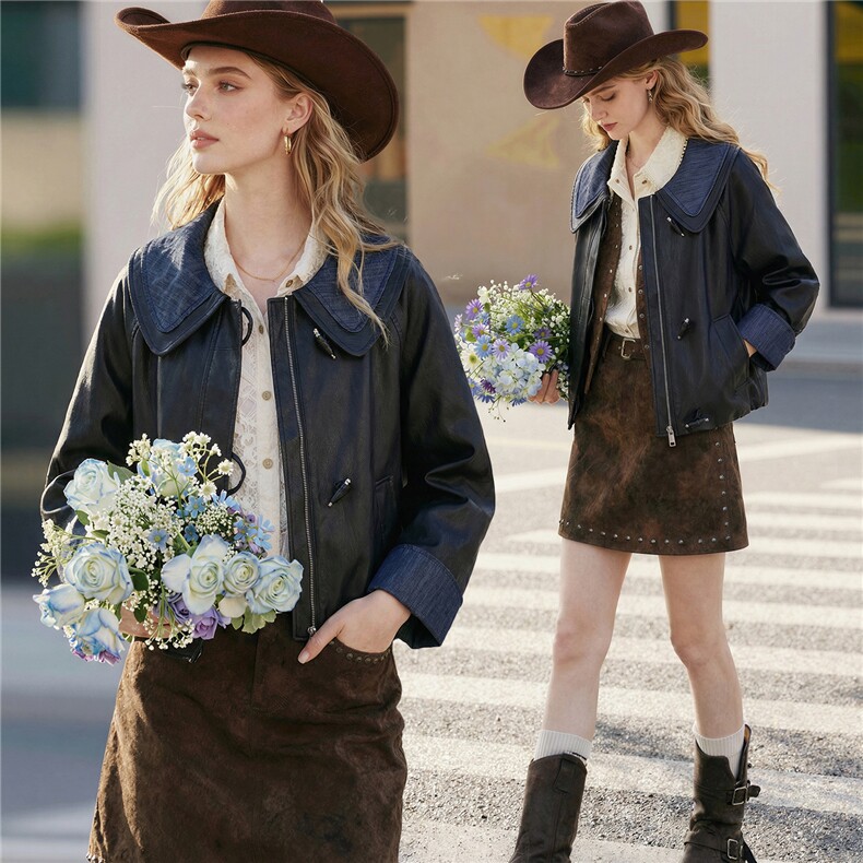 【春季女装新款】大量现货时尚相拼短款皮衣外套，女装皮衣，缘衣格