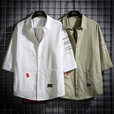 2021夏季新日系大码男网格挂拍宽松印花绣标七分袖衬衫C553-P40，男装衬衫，电商A001