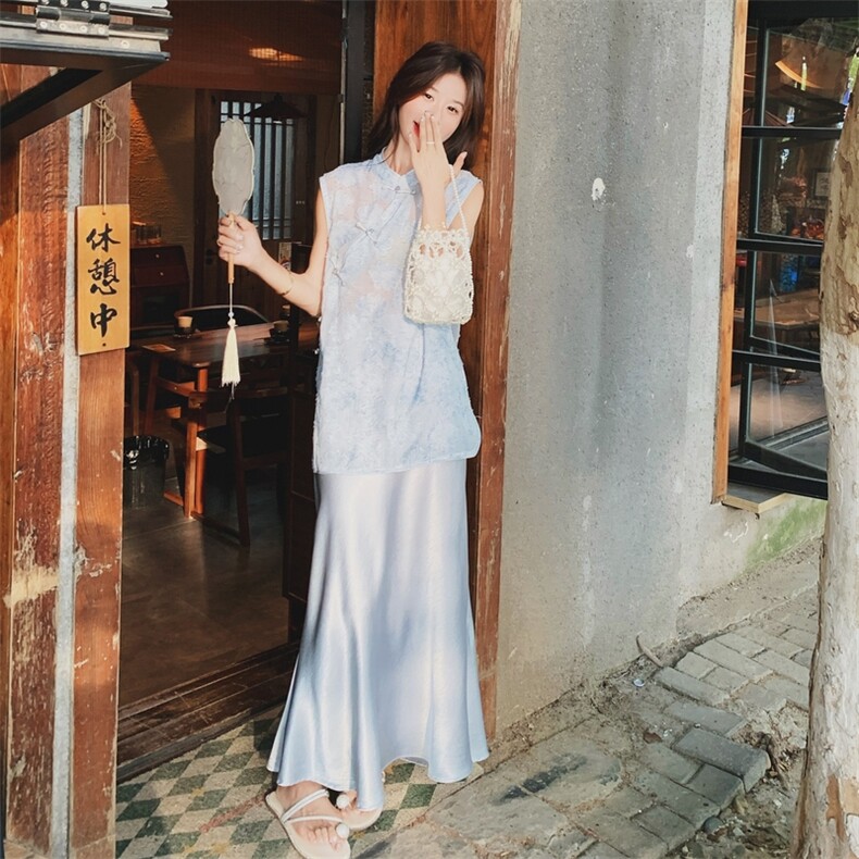 新中式绣花无袖盘扣上衣阔腿裤套装女2025夏季新款独特漂亮两件套,女装套装/套裙,浙宝217
