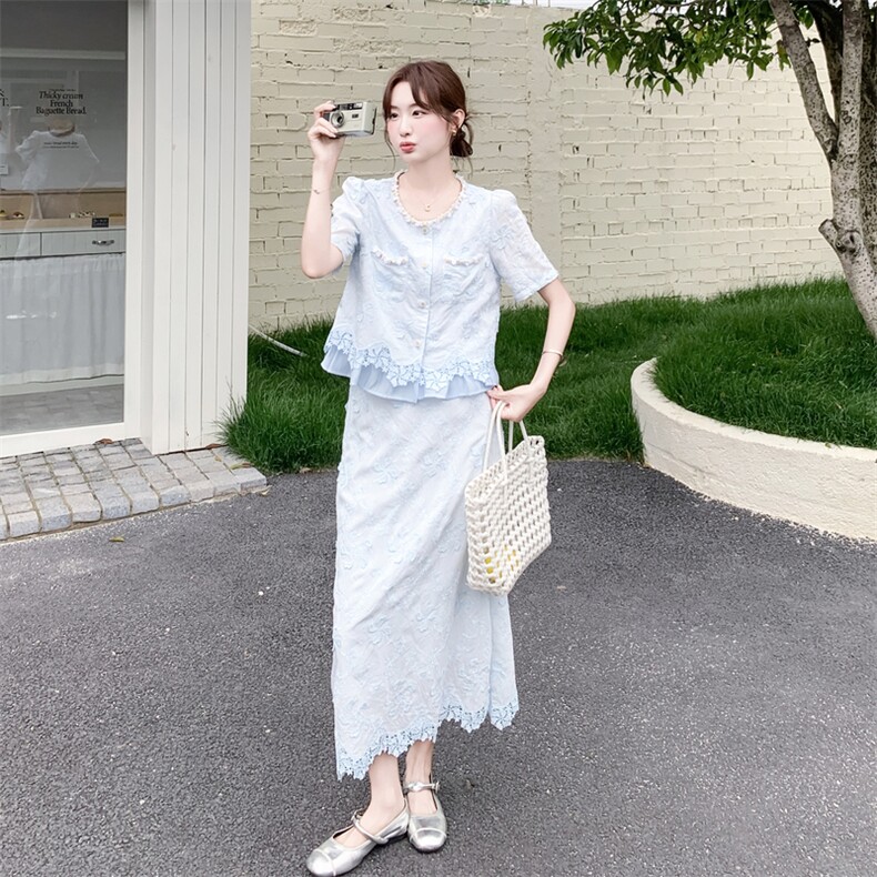 2026夏季新款套装裙女夏季法式温柔风蕾丝提花上衣半身裙两件套,女装套装/套裙,霓裳依族
