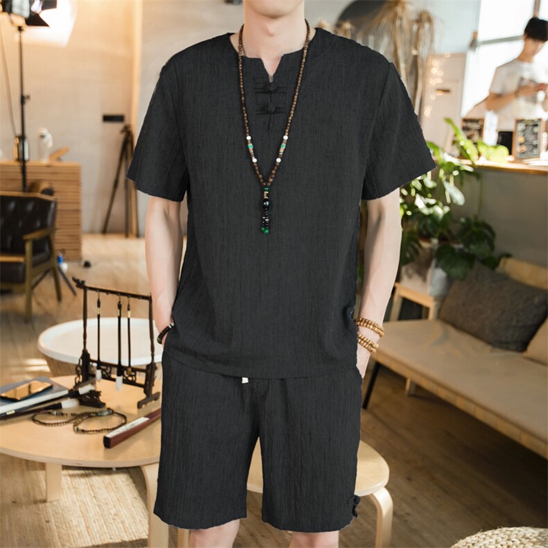 风夏款薄款棉麻休闲盘扣复古短袖T恤短裤男冰丝套装A807P55，男装牛仔裤，钱塘788(原4013)