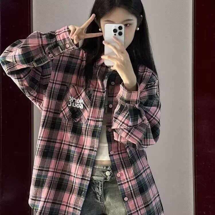 C59-P32港风磨毛棉格子衬衫女内搭叠穿春秋薄外套长袖上衣，男装衬衫，电商B323A