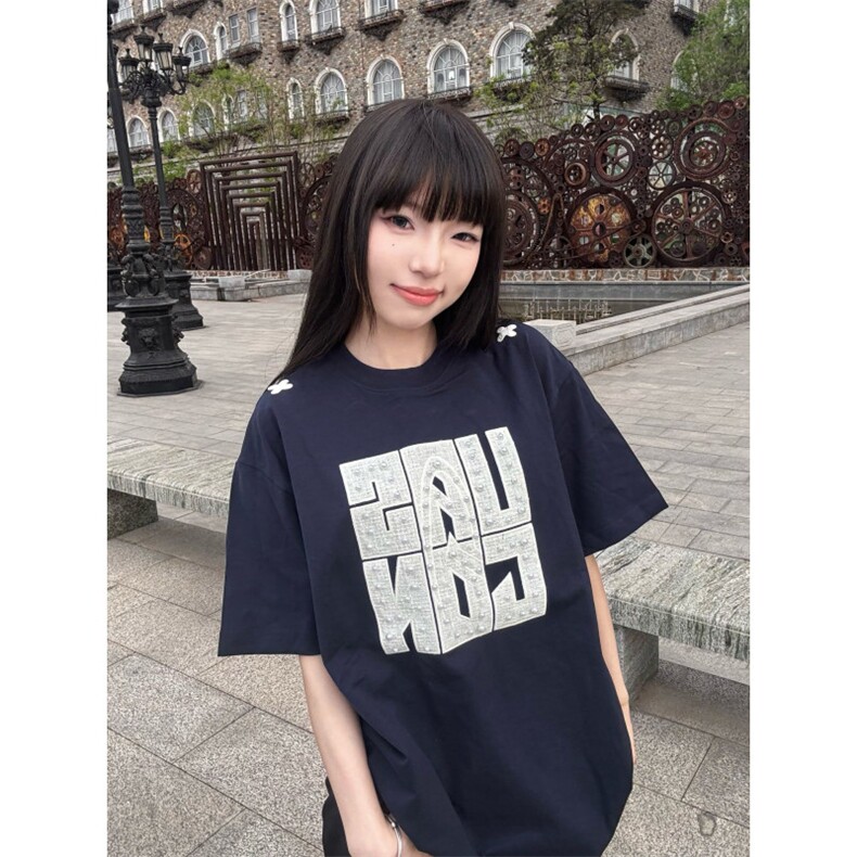 H0889-P35原版工艺刺绣+钉珠230克情侣款休闲宽松短袖T恤图片