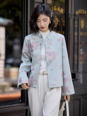 水衣源2797A款新中式提花料立体花小立领羽绒服女气质保暖外套，女装羽绒服，水衣源