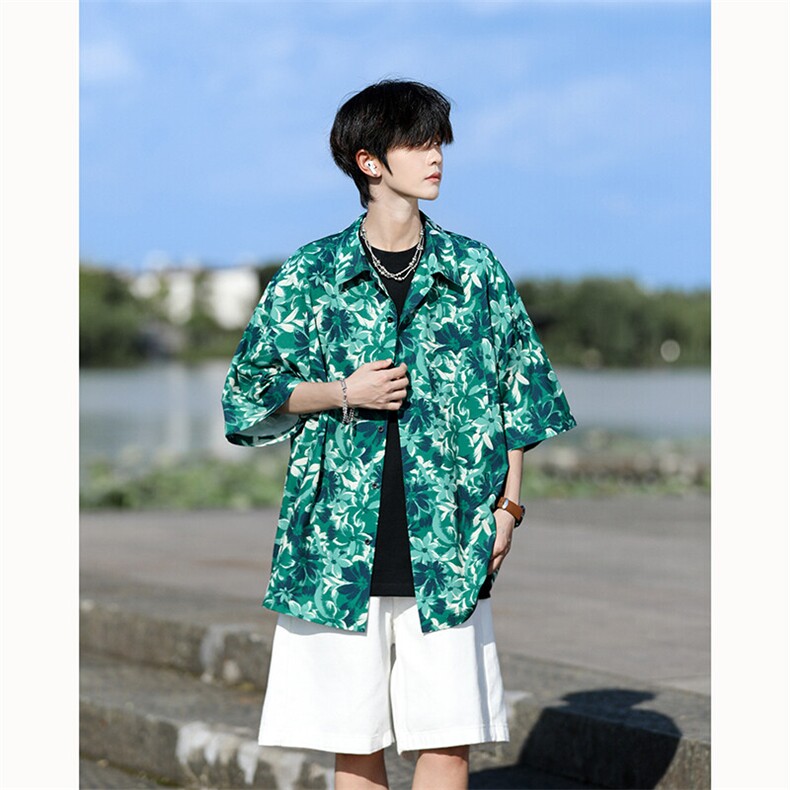 满印碎花衬衫短袖大码复古花卉衬衫夏威夷冰丝沙滩衬衣DC5016/P35,男装衬衫,电商B238