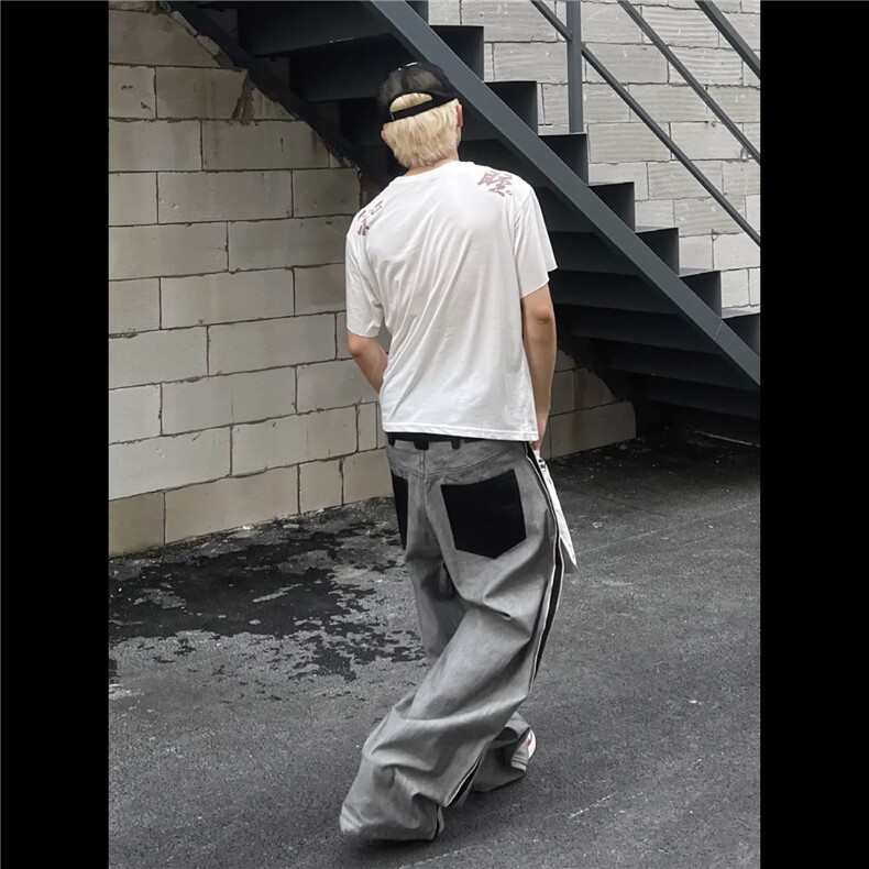 NK1007-P58美式高街复古水洗反穿设计感牛仔裤男街头潮牌宽松,男装牛仔裤,电商B323A