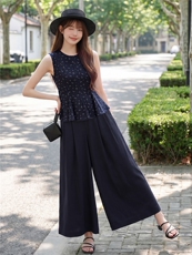 时尚无裙圆领小清新碎花小衫阔腿裤两件套气质优雅套装女，女装套装/套裙，水衣源