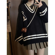 MM155-P65春秋学院风V领字母刺绣毛衣学生韩版宽松撞色百搭针织，女装针织衫/毛衣，星座617A-2