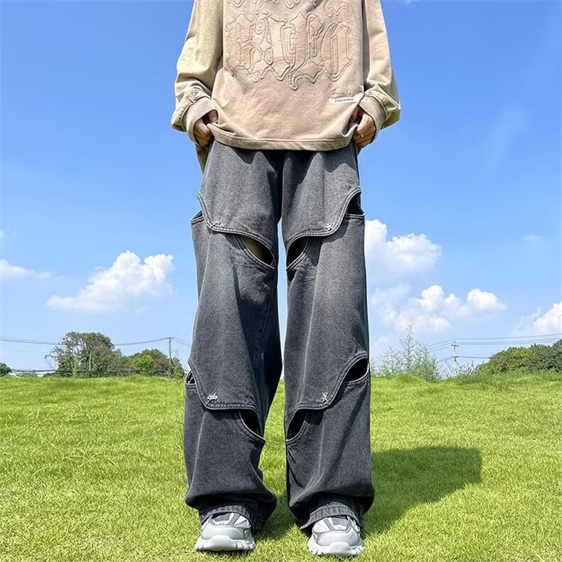 高街设计感痞帅破洞牛仔裤男欧美街头潮流嘻哈炸街阔腿直筒长裤子,男装牛仔裤,星座716-4