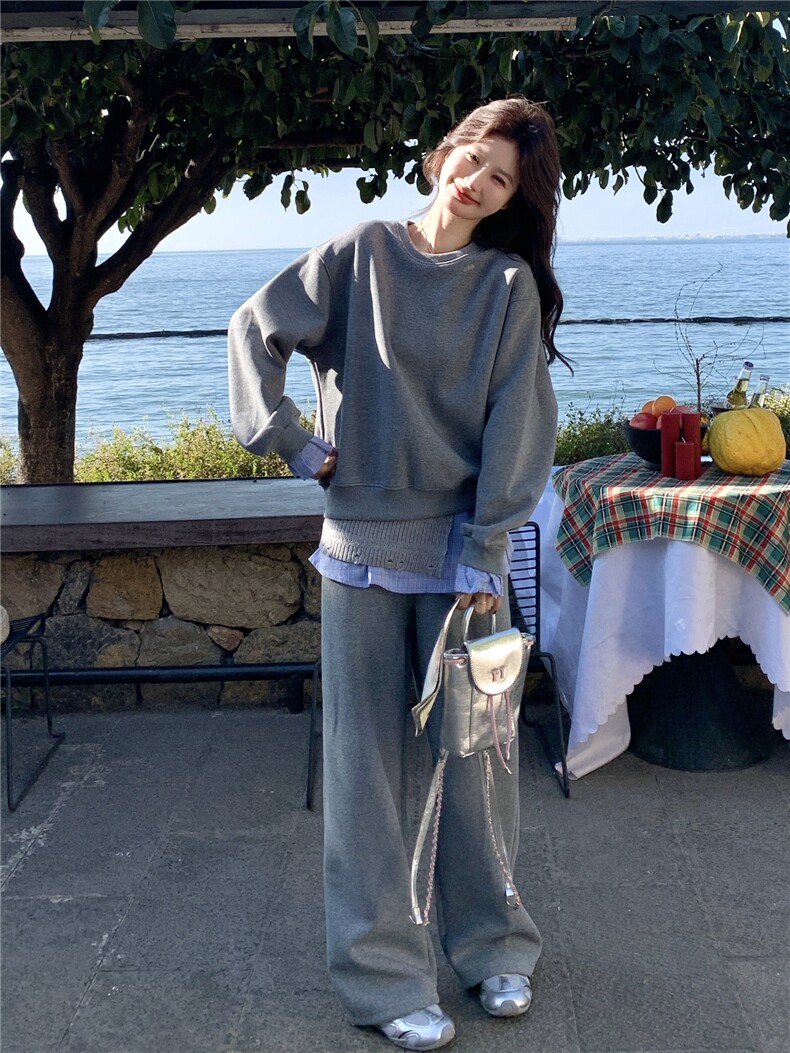 韩系慵懒休闲风格纹拼接卫衣套装女2026春季阔腿裤时尚减龄两件套,女装套装/套裙,艾米莉亚