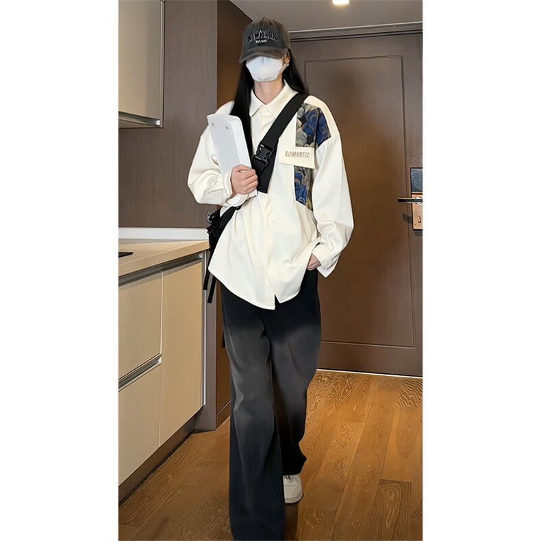 2025春季新款女模内景大码小熊拼接长袖衬衫M-5XHC23703-P50,男装衬衫,电商A022