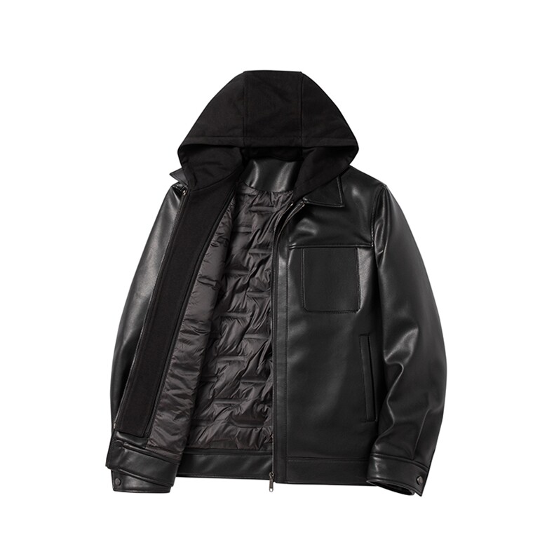 高端商务假两件皮衣羽绒服男士连帽秋冬加厚保暖黑色皮夹克,男装夹克,星座914