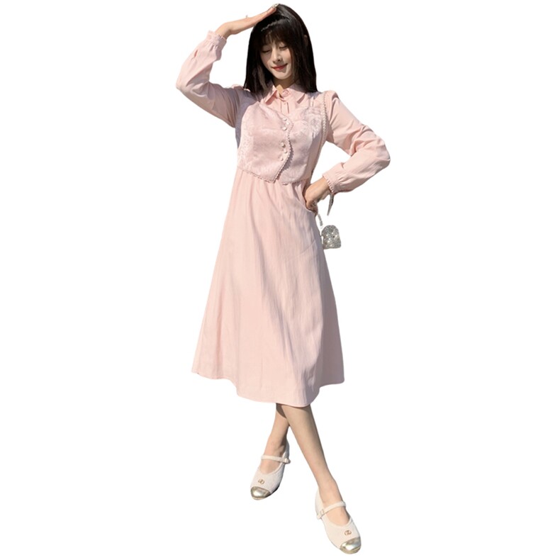 现货2024年春季女新甜美时尚复古印花修身显瘦网红假两件连衣裙,女装连衣裙,煊芮熙